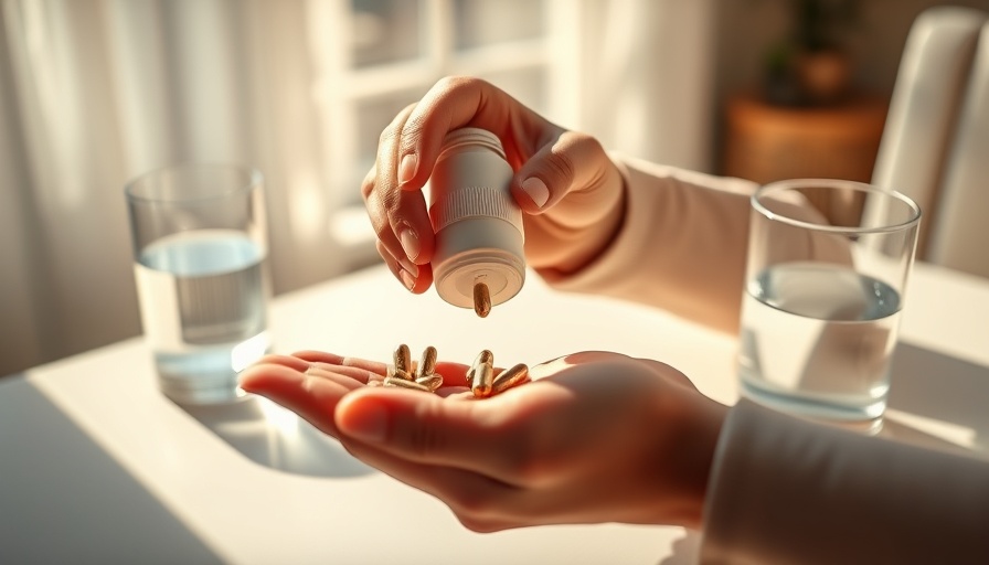 Close-up of hands taking probiotic capsules with water on a sun-drenched table.