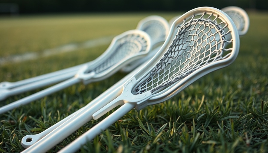 Lacrosse sticks lined up on field, Tyler Lucas scores 7 goals.