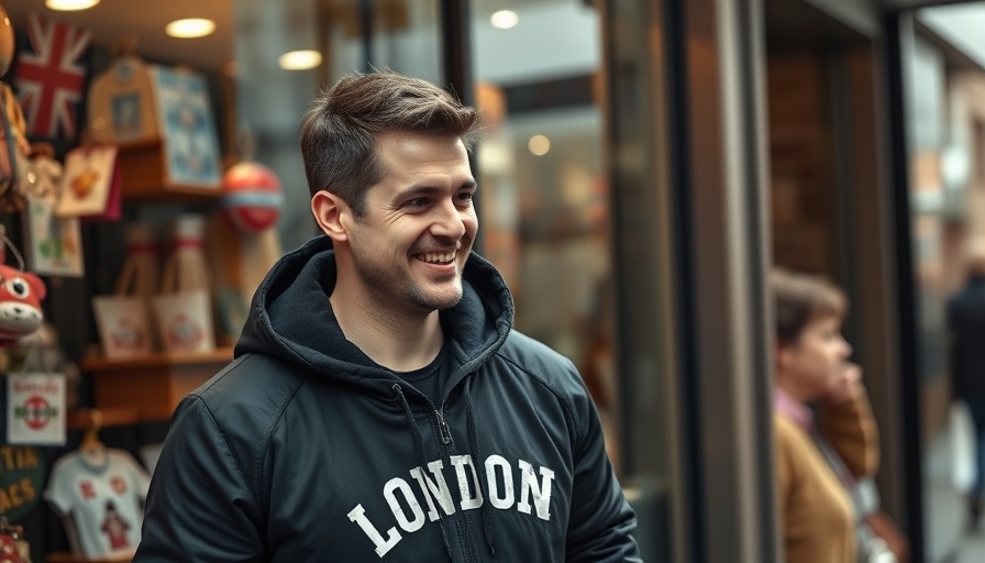 Smiling man by shop window with London hoodie, what Americans should never take to Europe.