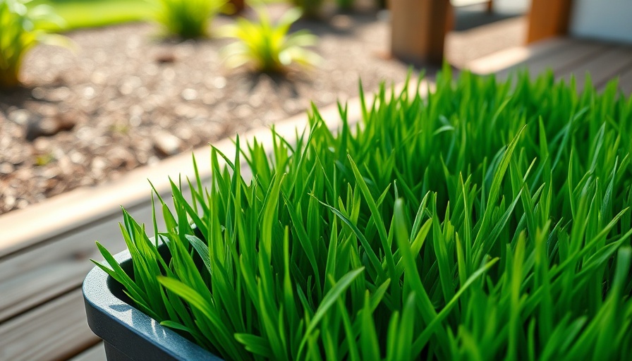 Tray of lush green grass for sandy soil on a wooden deck.