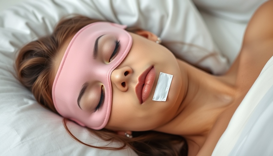 Mouth taping safety: Woman with sleep mask and mouth tape in bed.