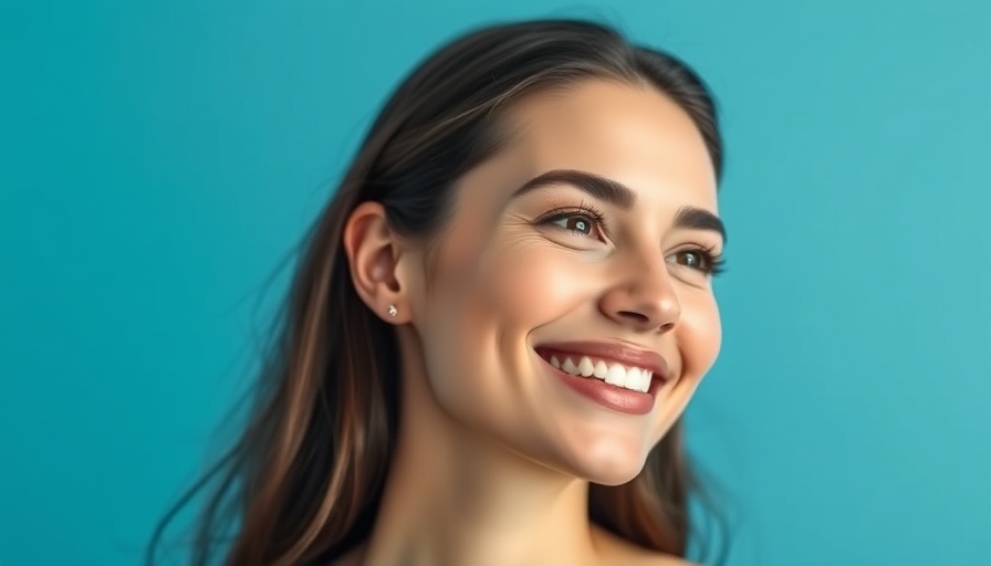 Clear-skinned woman smiling, side glance, against blue backdrop.