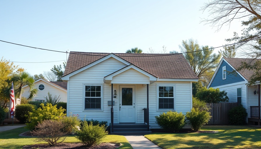Charming affordable starter home with a small porch and greenery.