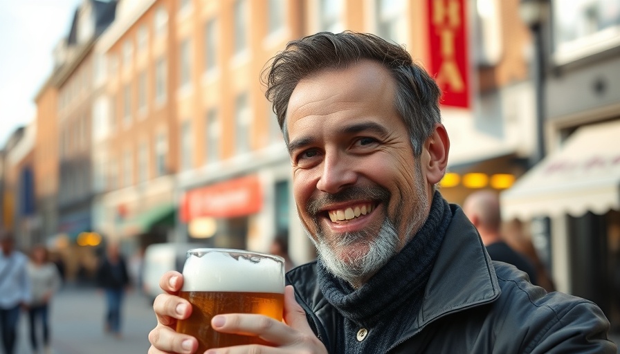 Middle-aged man enjoying a beer in the Netherlands city, offering tourist tips.