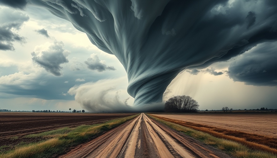 Intense tornado pursuit in rural landscape.