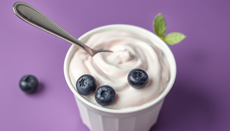 Blueberry flavored yogurt in container highlighting health effects.