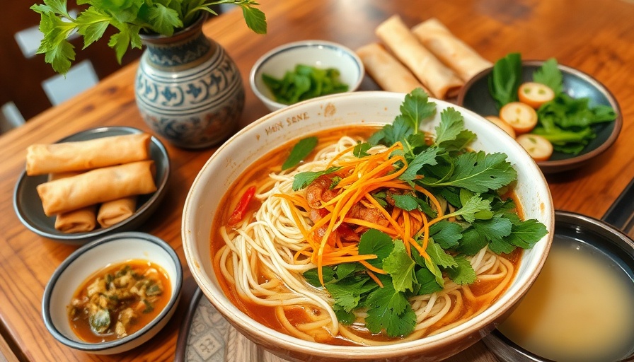 Heng Seng Noodles and assorted Vietnamese dishes on wooden table.