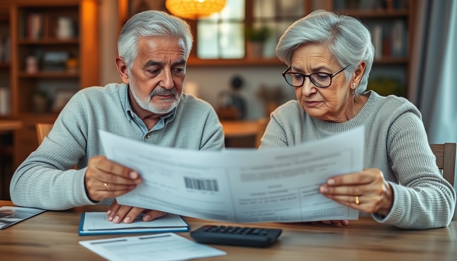 Elderly couple reviewing tax on social security documents at home.