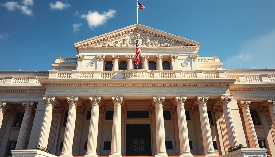 Grand government building with American flag, symbolizing clemency.