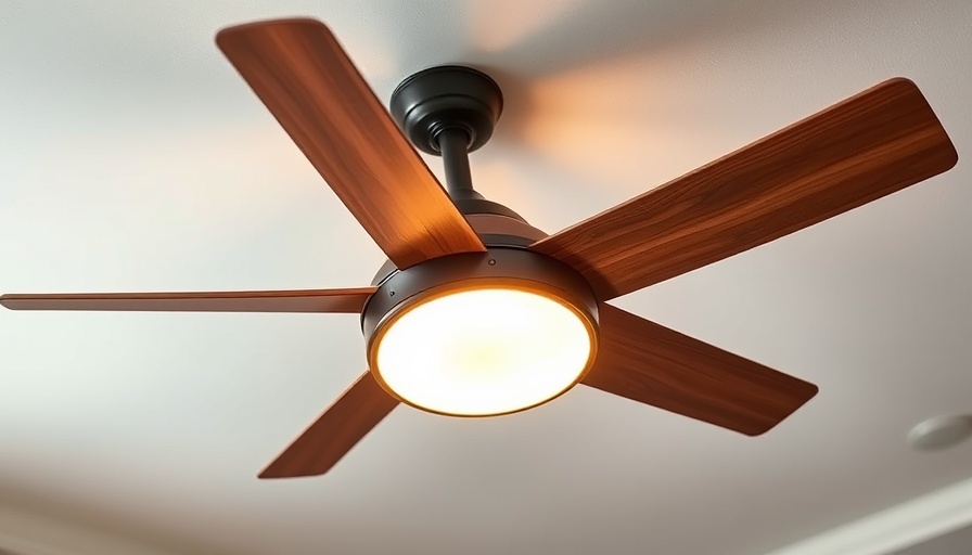 Smart ceiling fan with wooden blades and integrated LED light.