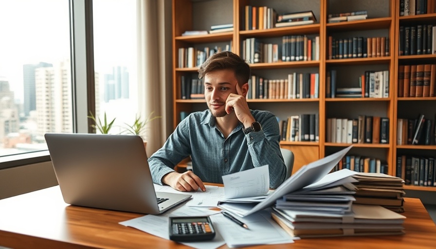 Young student analyzing financial papers in modern study room.