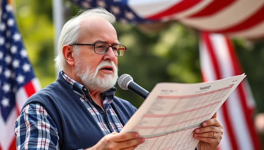 Elderly male discussing tariffs in front of a flag, Trump tariffs context.