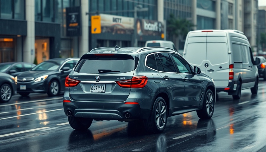 License plate reading technology captured traffic on a rainy street.