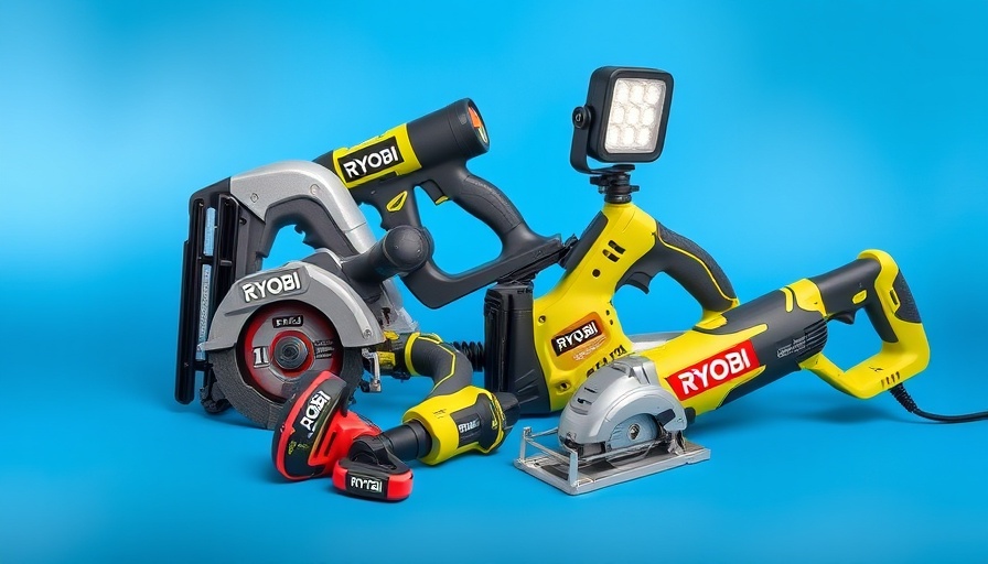 Dynamic display of free Ryobi power tools at Home Depot on a blue background.