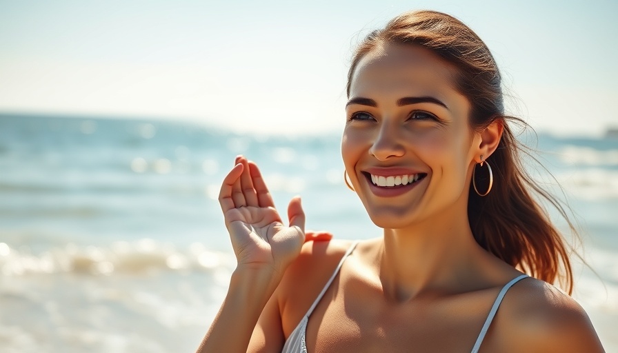 Woman with sunscreen on shoulder at beach, sunburn awareness.