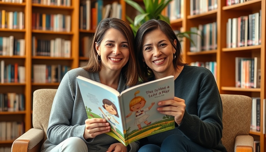 Authors holding a children's book in a library setting.