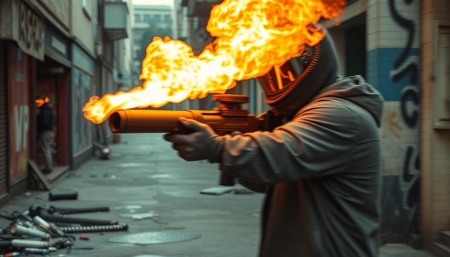 Cinematic photo of a blurred figure with a flamethrower in an urban alley.