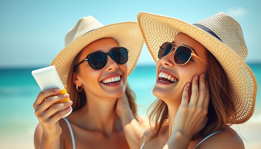 Woman on beach applying tinted sunscreen, smiling.
