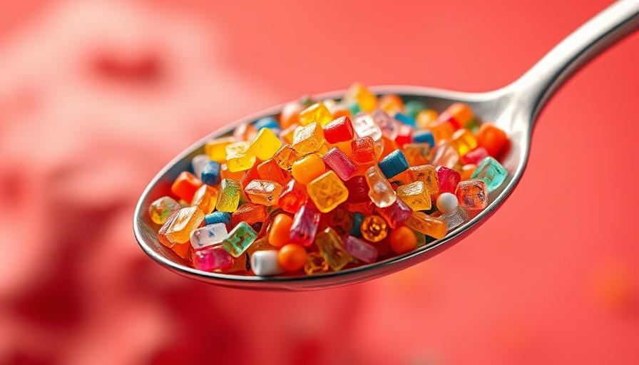 Colorful microplastics in spoon on coral background, detox from microplastics