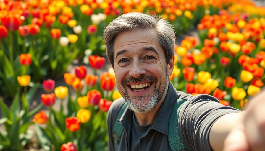 Tourist in the Netherlands enjoying tulip garden.