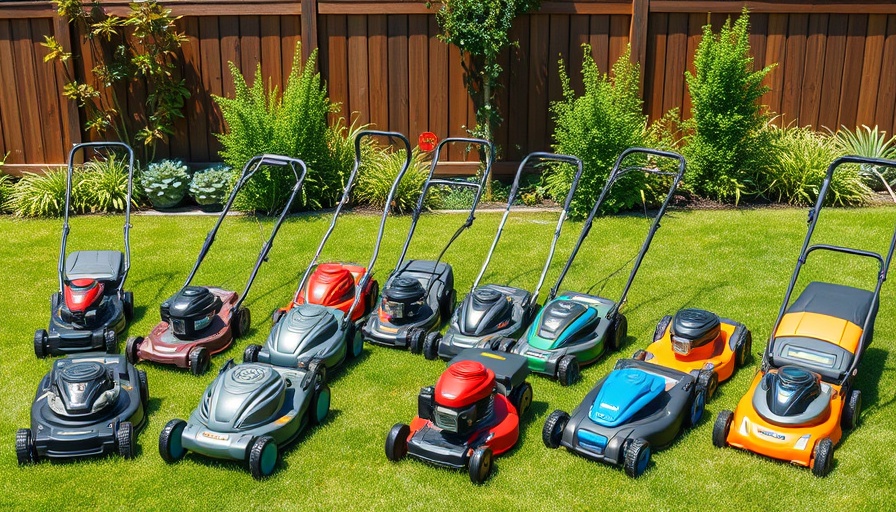 Battery-powered lawn mowers displayed on a green lawn.