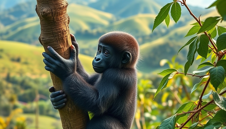 Young gorilla in Rwanda, overlooking scenic hills, travel guide.