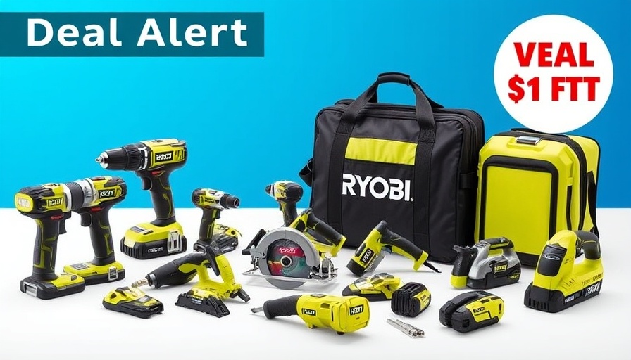 Ryobi combo kit deal with vibrant tool set on blue background.
