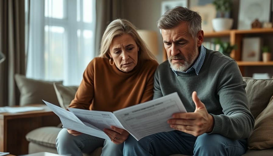 Couple reviewing financial paperwork with stressed expressions.