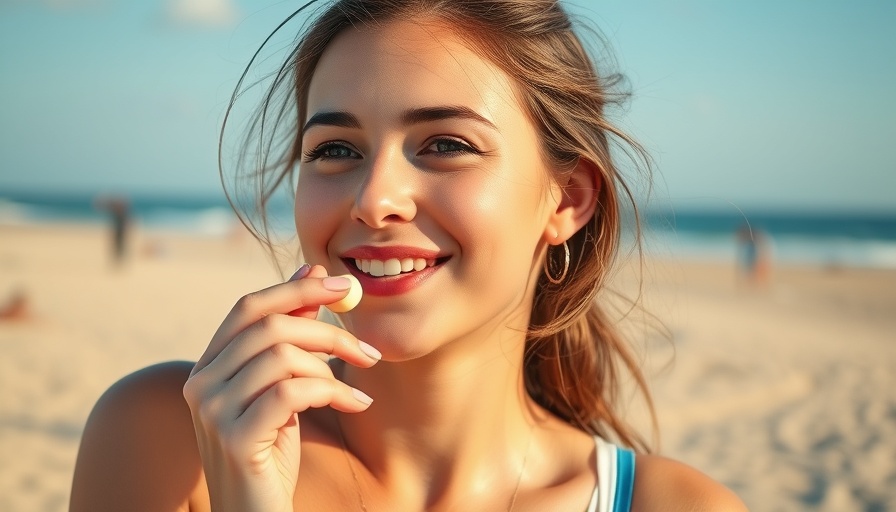 Young woman applying lip balm with SPF on a sunny beach in India