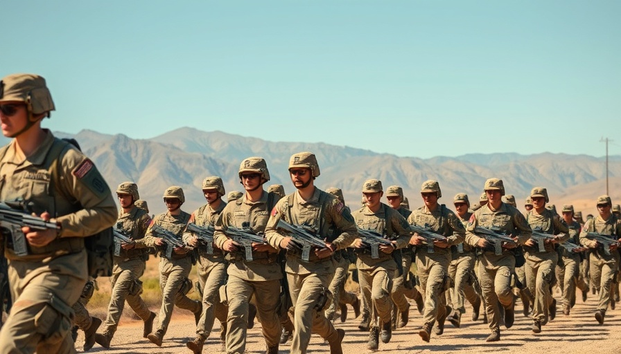 National Guard troops marching in California, clear sky backdrop.