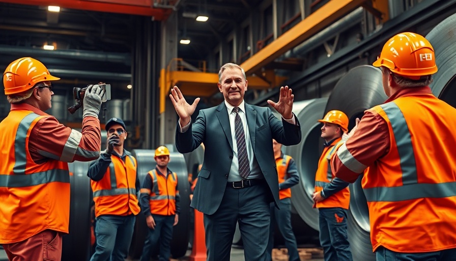 America's superpower status illustrated by industry workers and a gesturing figure.