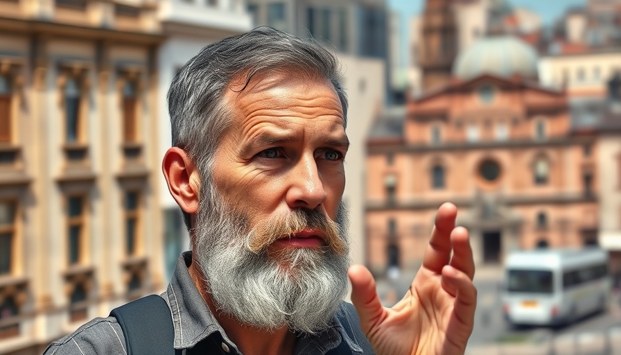 Man discussing Weird Finnish-isms in urban setting.