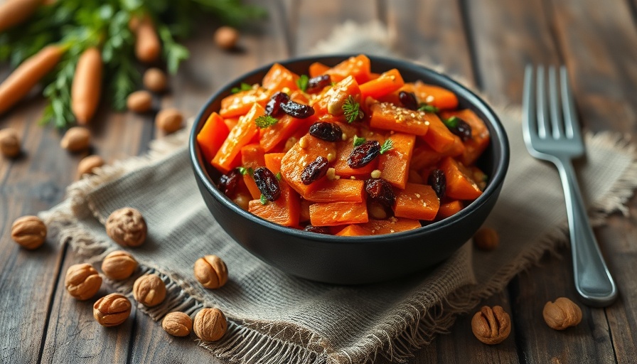 Raw carrot salad in bowl with raisins and walnuts on rustic table.