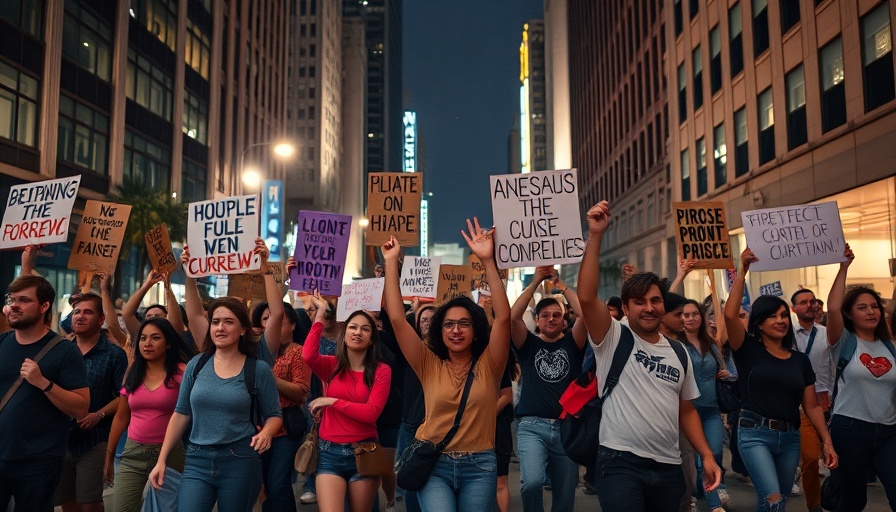 Los Angeles curfew protests with diverse crowd holding signs at night.