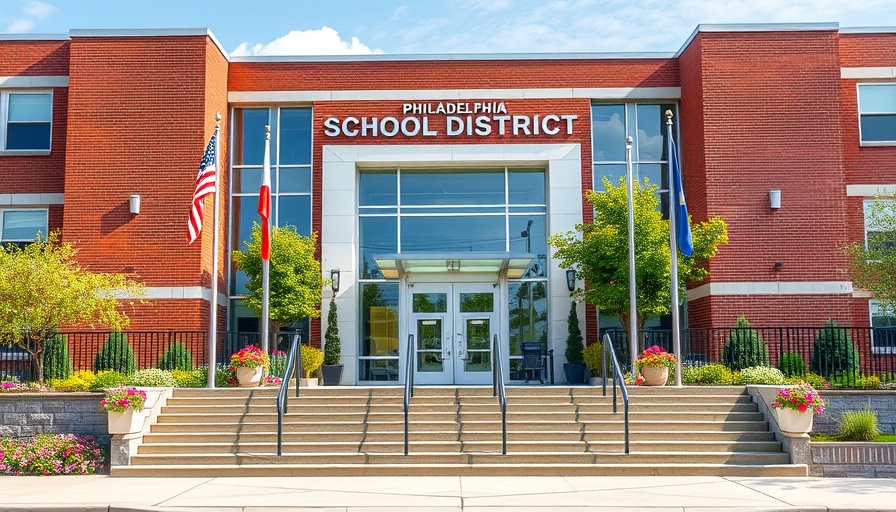 Philadelphia School District building entrance with flags and steps.