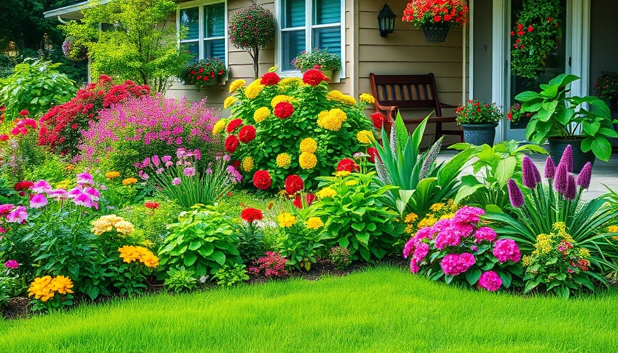 Vibrant garden with flowers and greenery near house.