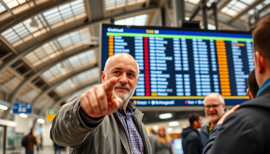 Enthusiastic person highlighting digital train schedule in Spain.