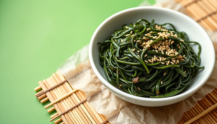 Plant-based omega-3 sources: seaweed salad on bamboo mat.