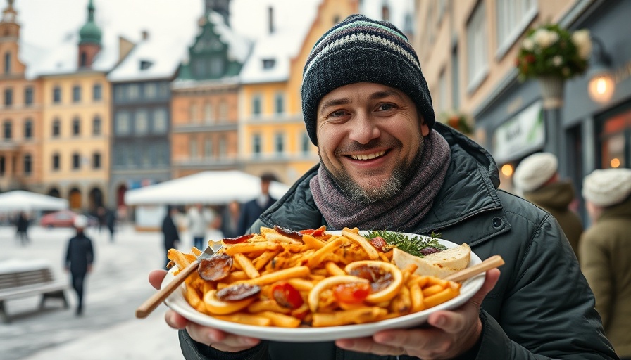 Weird Finland Facts: Man with colorful Finnish meal outdoors in snow.