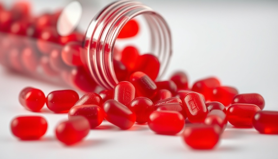 Open bottle of red gummy vitamins spilling onto a white surface related to gummy vitamin recall.
