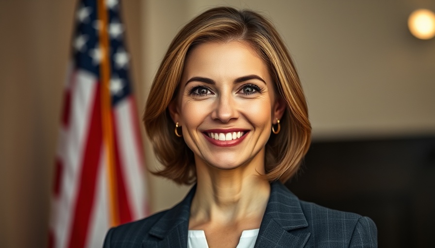 Portrait of a woman with an American flag backdrop.