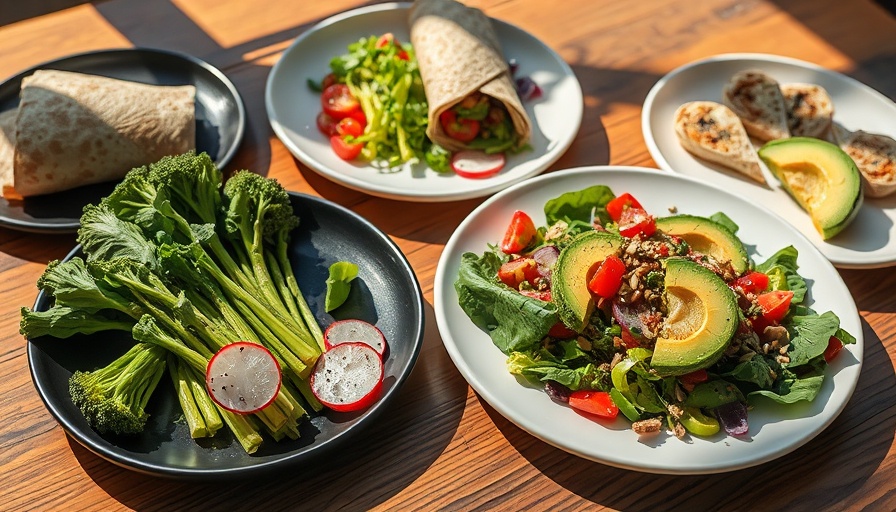 Array of cooled healthy foods including broccolini and salad.