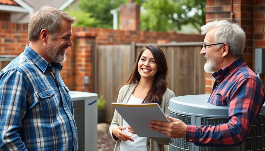 People discussing heat pump setup in backyard for year-round comfort.