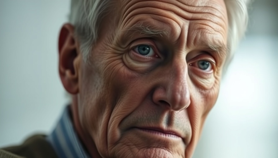 Contemplative older man close-up in soft lighting.