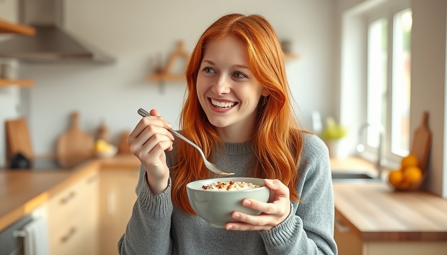 Young woman enjoying oatmeal in a cozy kitchen, snacks to lower blood sugar.