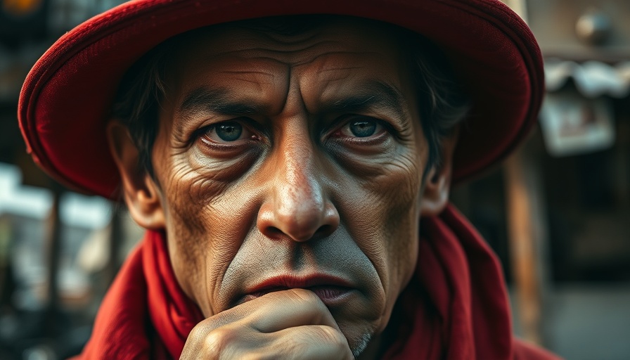 Person in red hat looking serious, outdoor blurred background
