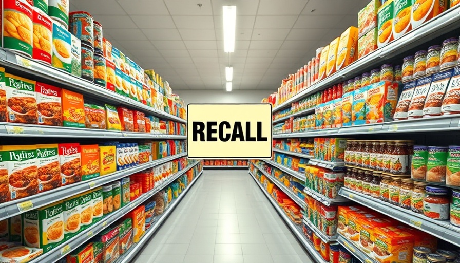 Grocery store aisle with recent food recalls alert.