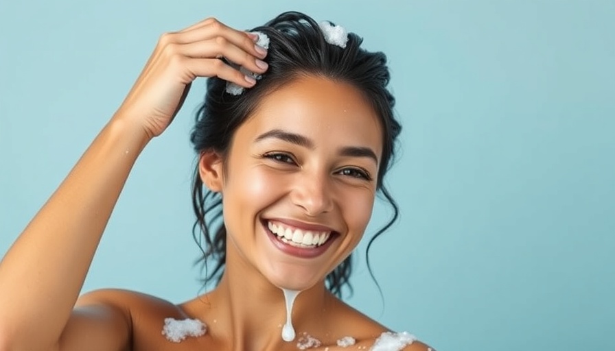 Woman using shampoo on wet hair in light blue setting.