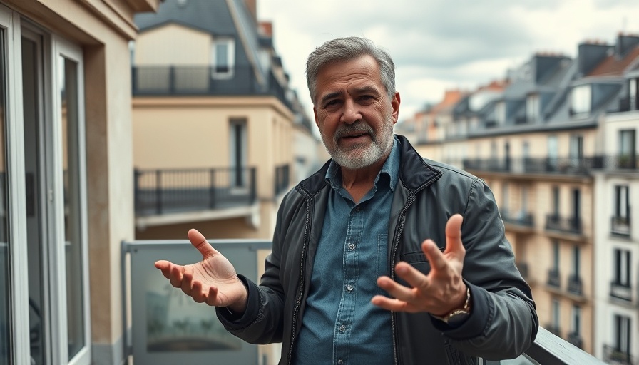 Middle-aged man gesturing on a balcony with Paris backdrop, discussing WORST Travel Hacks on TikTok.