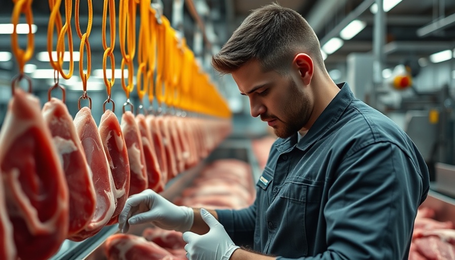 Focused worker inspecting meat in a modern factory.
